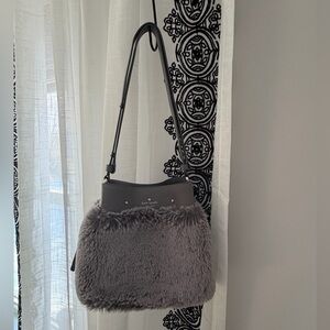 Kate Spade Marti Faux Fur Small Bucket Bag in the "Grey Cat" colorway.
